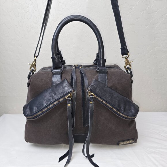 L.A.M.B Gwen Steffani Gray Canvas & Black Leather Crossbody Pocket Satchel - Picture 11 of 13